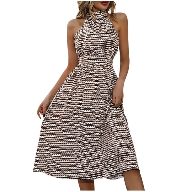 Vestido de Verano Casual Clásico Cuello Colgante Cintura Alta Vestido sin Mangas, Vestido de Verano de la Mujer