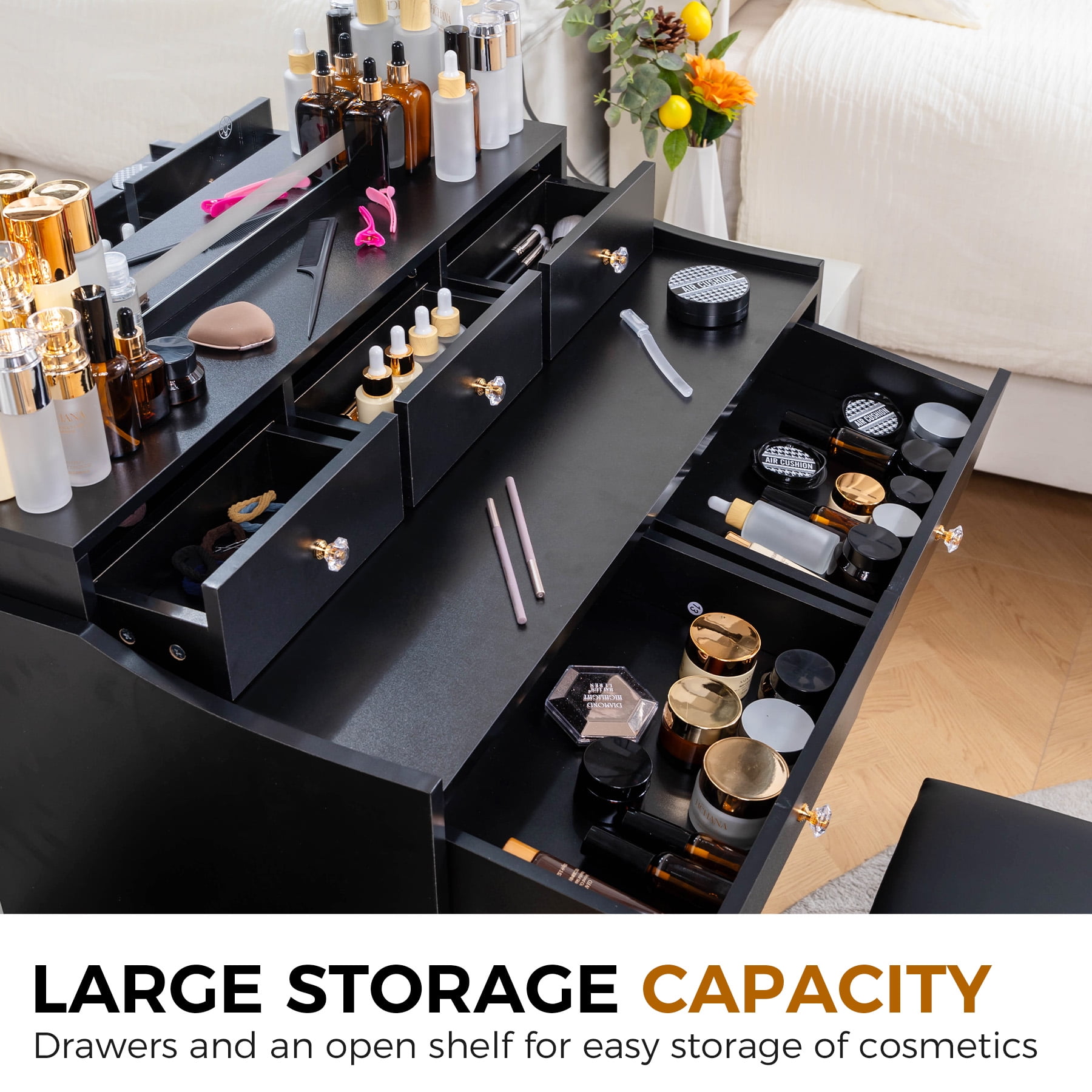 COMHOMA Makeup Vanity Desk with Mirror and Lights, Vanity Table and Chair Set with 5 Drawers and Charging Station, Black