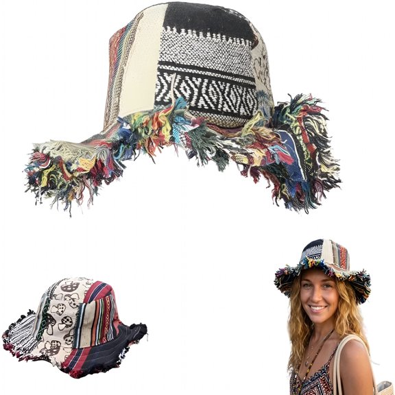 TELOLY Frayed Patchwork Bucket Hat-Shapeable Brim,Patchwork Multicolored Mushroom Hemp Hat for Men Women