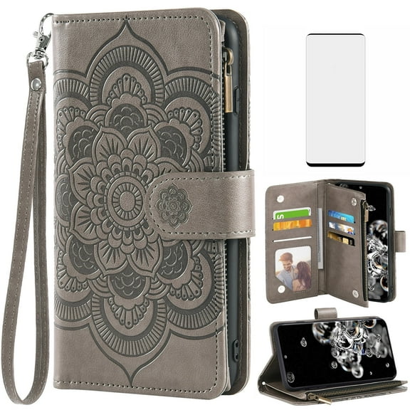 Compatible with Samsung Galaxy S20 Ultra 5G Wallet Phone Case and Tempered Glass Screen Protector Flower Faux Leather Flip Credit Card Holder Stand Zipper Cell Cover for S20ultra 20S G5 Women Grey
