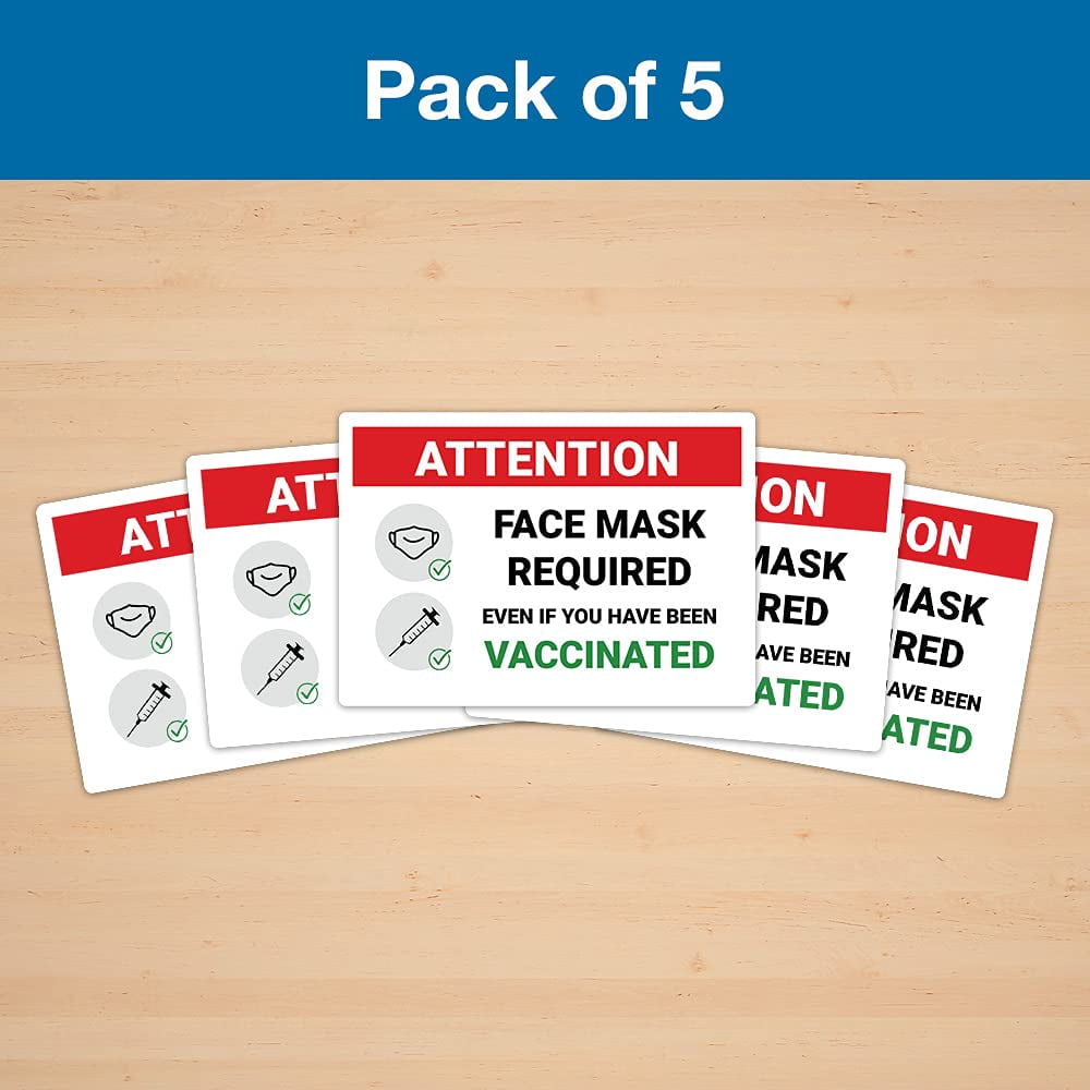 Face Mask Required, Even if You Have Been Vaccinated Window Sticker - Pack of 5 Decals - Red and White Design - 10 x 7 Inch Rectangle - Indoor Only - Removable Adhesive Vinyl - Online Labels