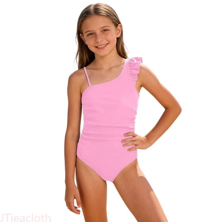 JTieacloth Girls Swimsuit One-Piece Girls Beachwear Swimsuit For Girls With Ruffle Trim And Solid Pattern Girls Lightweight Sun Protective Swimwear Red 9-10 Years