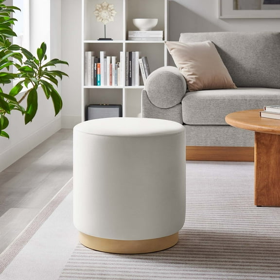 Tilden 16" Round Performance Velvet Upholstered Ottoman in Alabaster Natural