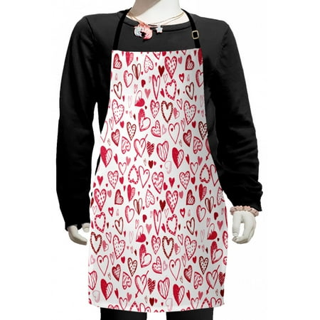 

Love Kids Apron Valentine Hearts Gatherings Engagement Honeymoon Arrow Doodle Style Print Boys Girls Apron Bib with Adjustable Ties for Cooking Baking Painting Magenta Ruby White by Ambesonne