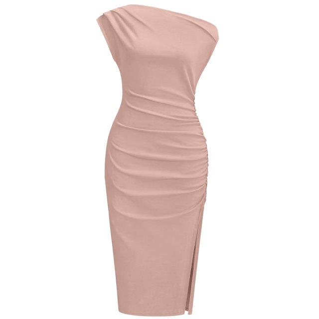 Vestido OWIN con hombros descubiertos para fiesta de cóctel, ajustado fruncido, rosa nude