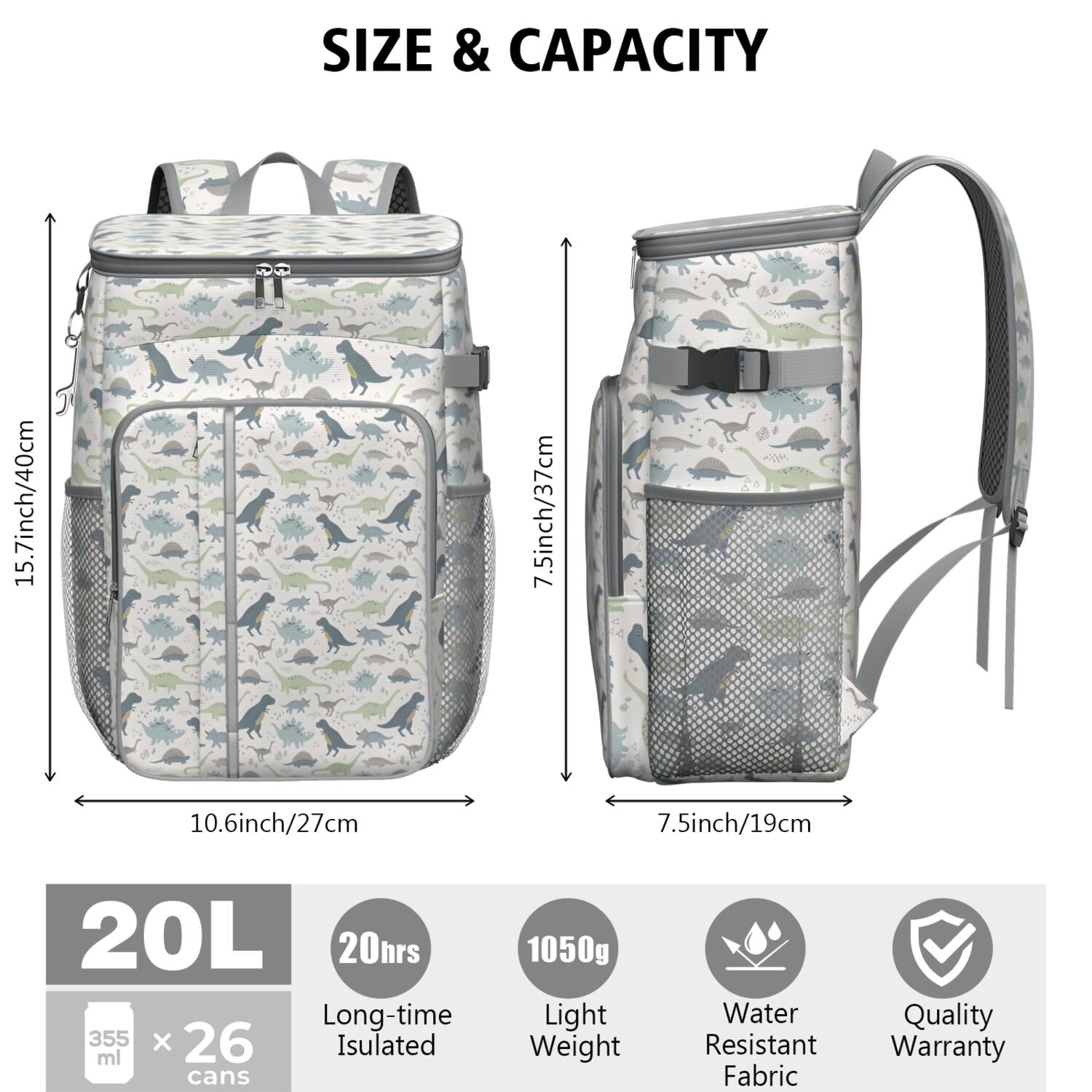 Travel Cooler Bag - LightColor Cartoon Dinosaurs Pattern Camping Beer Cooler Backpack with Bottle Opener- Waterproof Insulated Picnic Backpacks - Cooler Bag for Beach