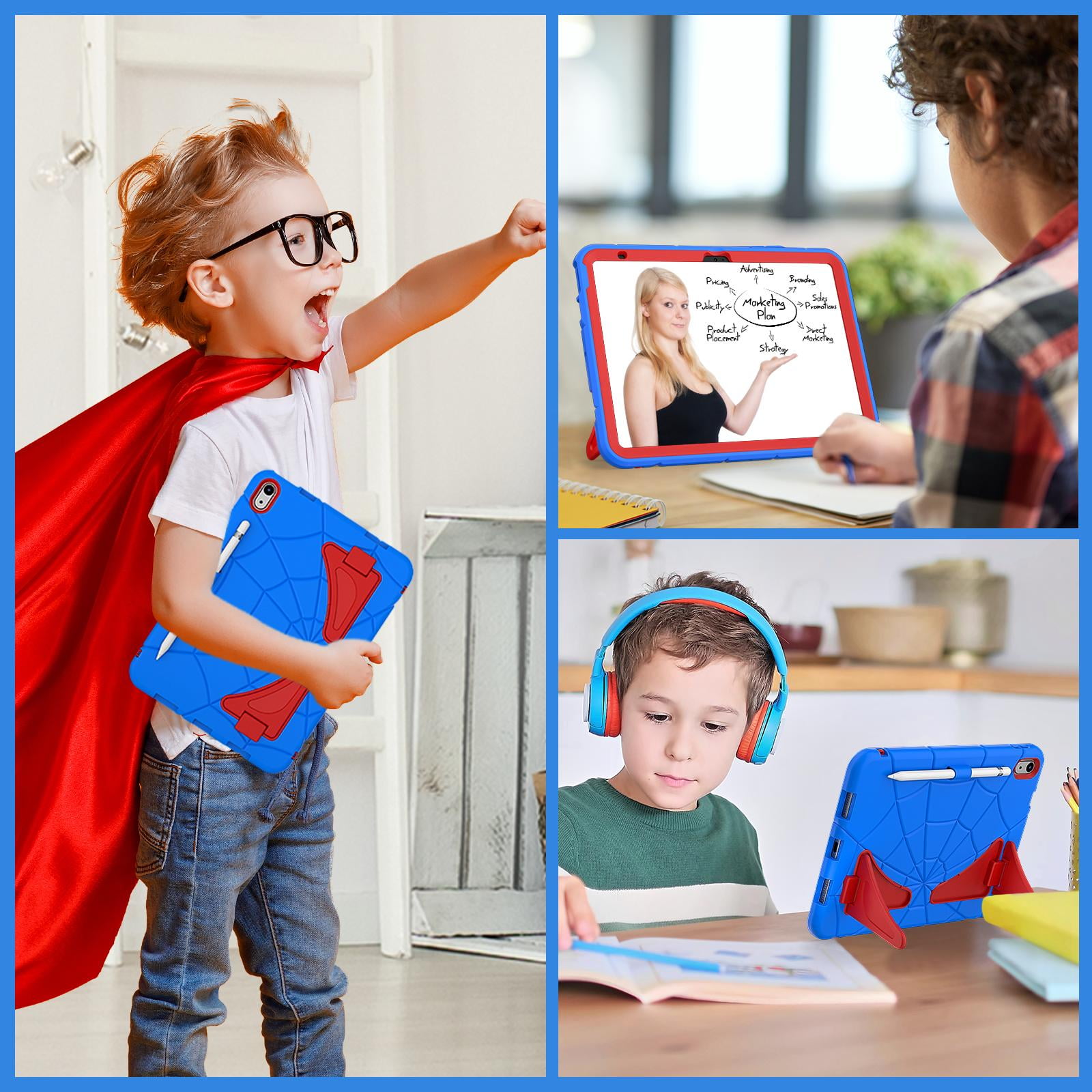 Kids Cases for iPad 10th Generation 2022,TECH CIRCLE Heavy Duty Shockproof Rugged Full Body Protective Sturdy Kickstands iPad 10.9 inch case with Pencil Holder for Kids Children Boys,Blue+Red