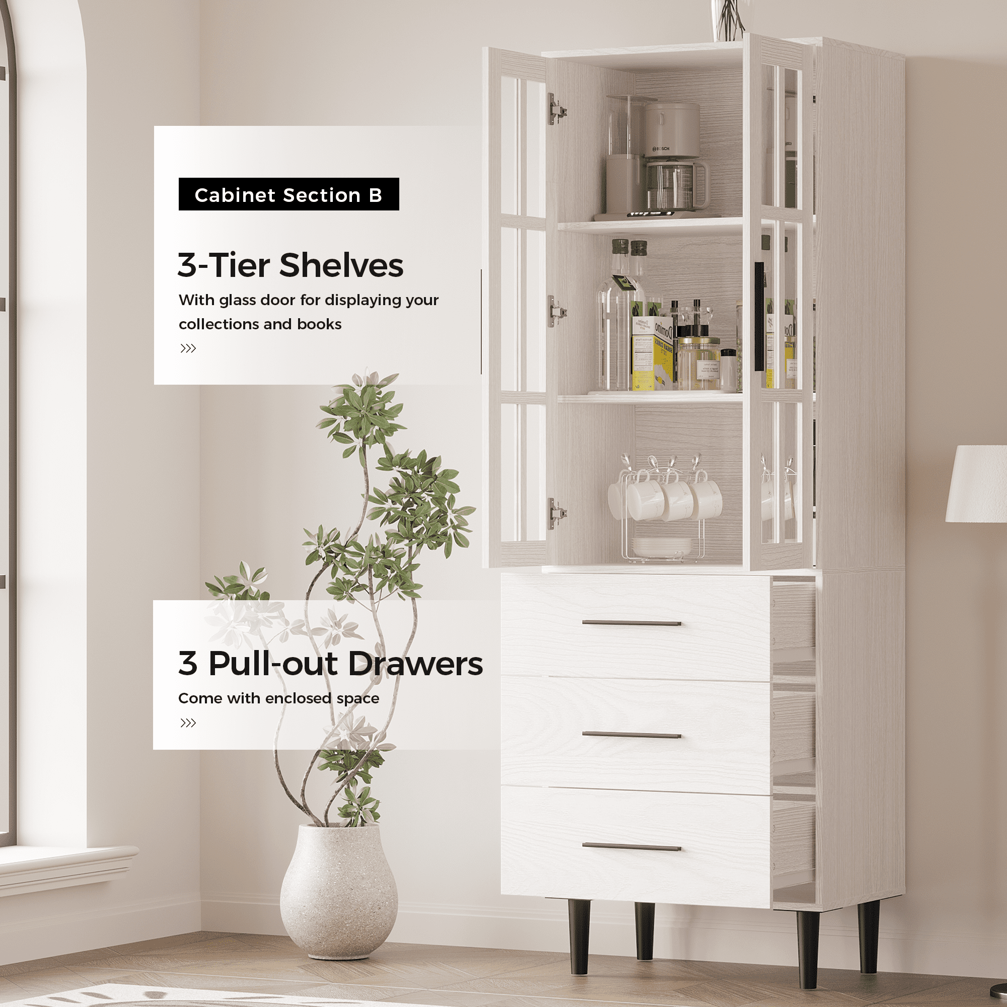 RichYa 71"H Tall Bookcase with Drawers,2 Doors Display Bookshelf with Metal Legs,6 Tier Storage Cabinets for Living Room,Home Office,White(B)