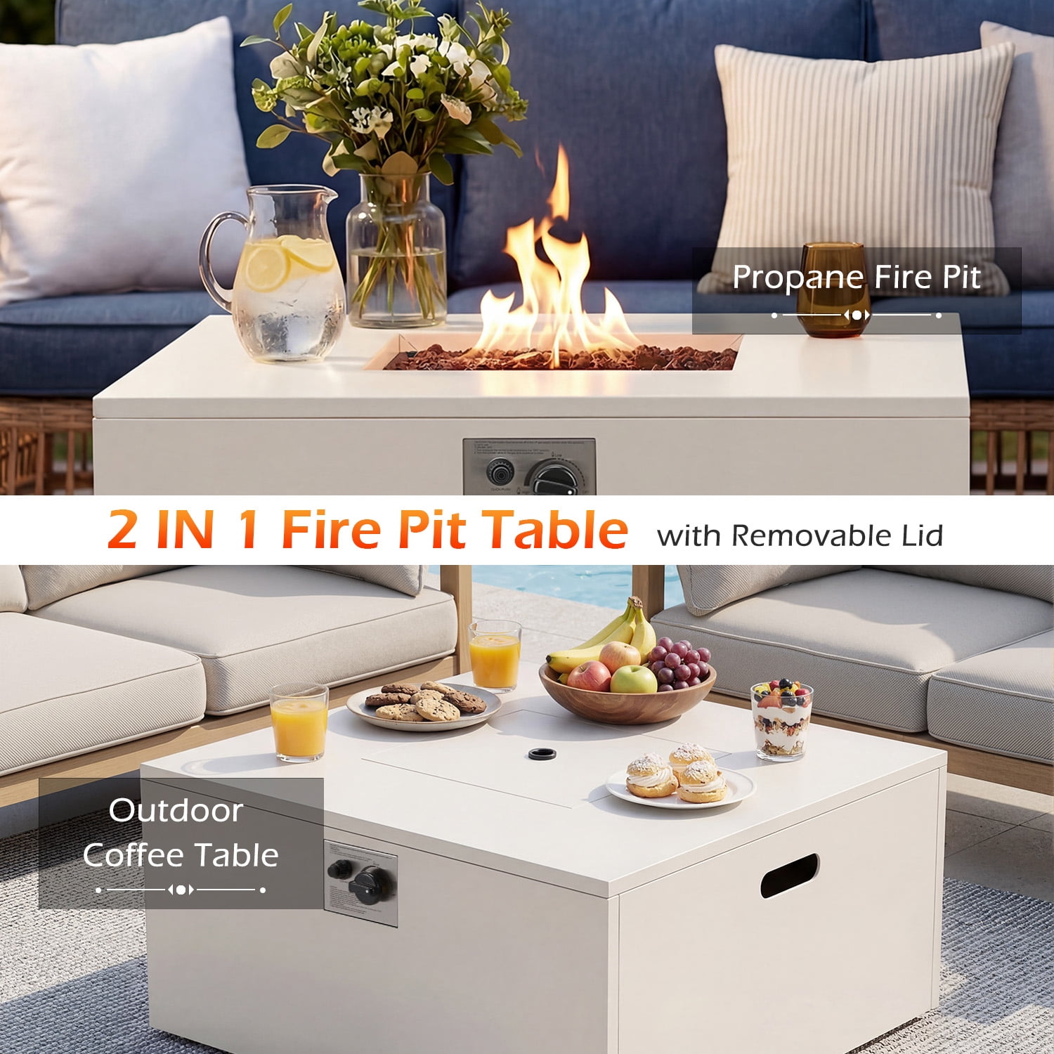 Danrelax 2-Piece 32" Square Propane Fire Pit Table with Tank Holder, 50,000 BTU Outdoor Gas Fire Pit with Lid, Lava Rocks and Weather-Resistant Cover, White
