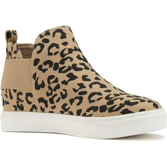 Soda Flat Women Chelsea Shoes Slip On Canvas Suede Casual High Top Hidden Platform Sneakers White Sole Flatform Cushion Foam booties DIANA-G Leopard Cheetah 6.5