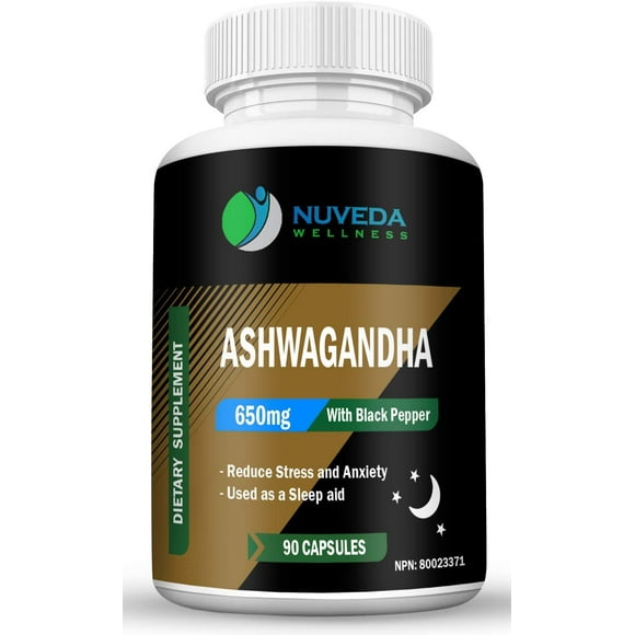 Nuveda Wellness Capsules d'Ashwagandha, Poudre de Racine d'Ashwagandha 100% Pure et Extrait de Poivre Noir, Soulagement Naturel de l'Anxiété, Aide au Sommeil