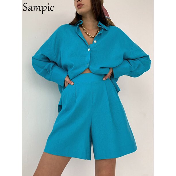 Sampic, traje azul para mujer, camisa holgada informal de manga larga 2022, Tops de verano y Mini pantalones cortos, chándal de moda, conjunto de dos piezas, trajes Tan Jianjun unisex
