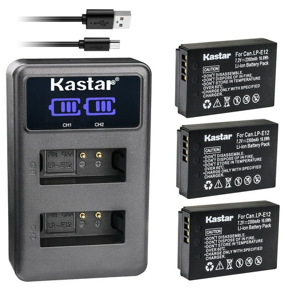 Kastar 3-Pack LP-E12Battery and LED2 USB Charger Compatible with Canon LP-E12 LPE12 Battery, Canon LC-E12 LC-E12E Charger, ikan Live Air E12 Replacement Battery, PD Movie