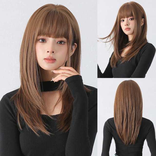 Peluca recta rubia con flequillo para mujer, cabello sintético sedoso Natural largo para fiesta diaria, peluca colorida de alta densidad, resistente al calor