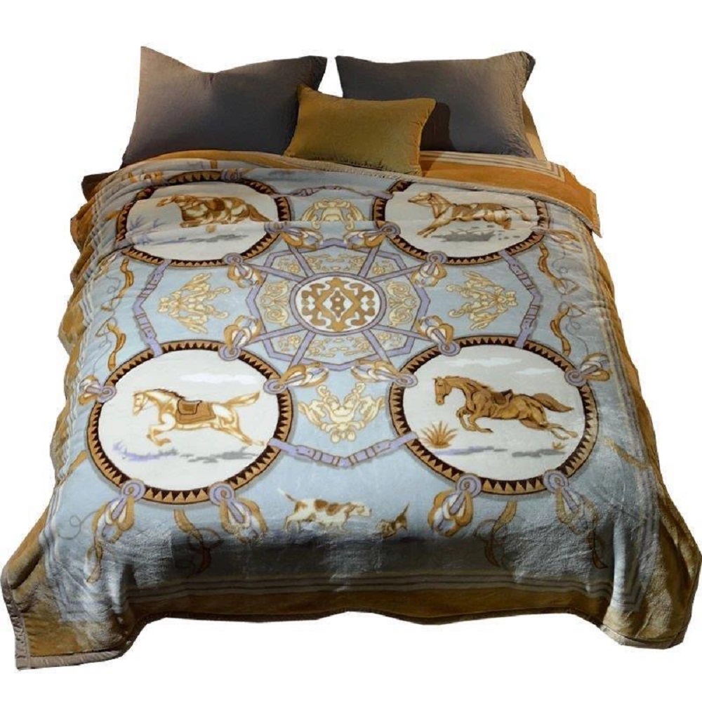 DBOZE Thick Warm Korean Mink Blanket King Size, 2 Ply Reversible Velvet Fleece with Horse Design, Ultra Soft Cozy Winter Bed Throw, Luxury Blue Gold