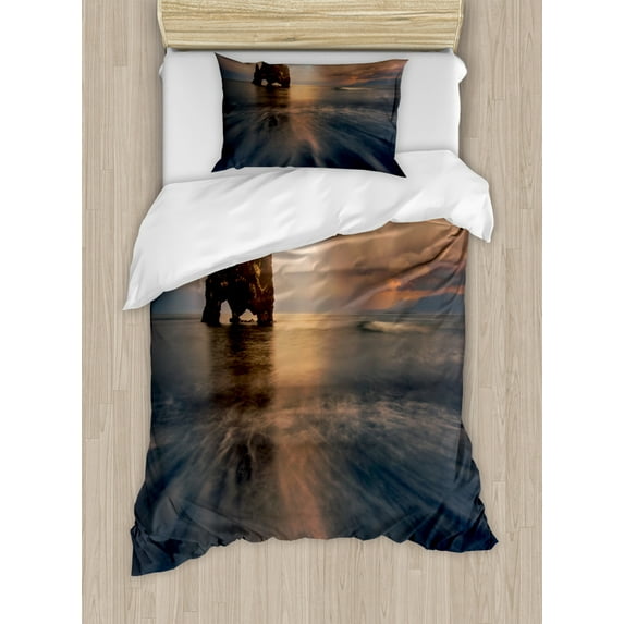 Iceland Duvet Cover Set Twin Size, Hvitserkur Rock Formation on the Northern Coast, Decorative 2 Piece Bedding Set with 1 Pillow Sham, Brown Slate Blue, by Ambesonne