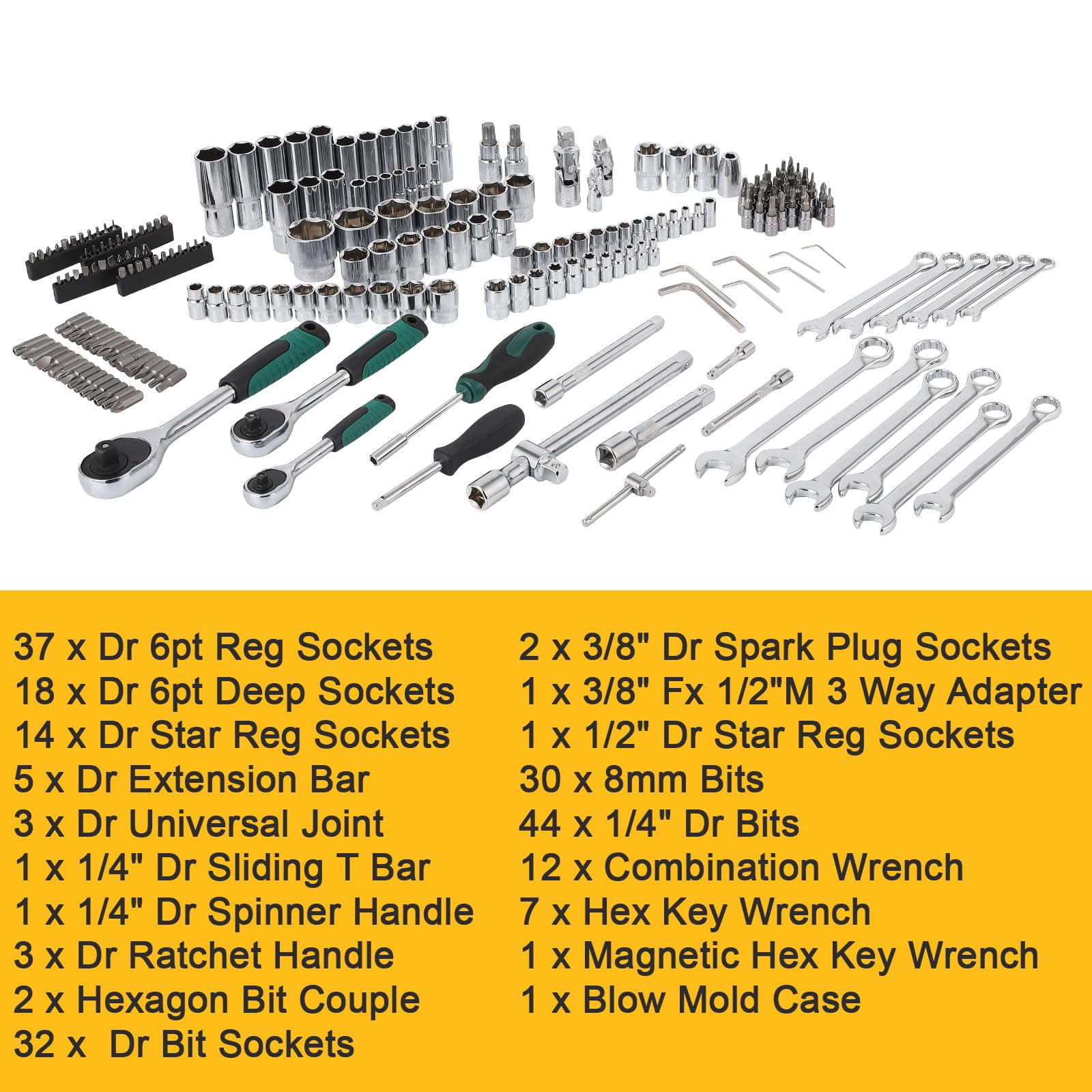 Mechanics Tools Kit and Socket Set, 1/2" ,1/4" & 3/8" Drive, 216-Piece