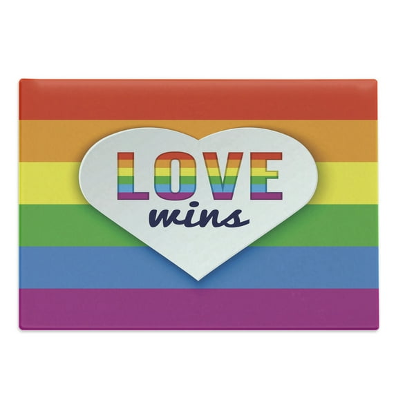 Pride Cutting Board, Rainbow Flag with Stripes Heart with Love Wins Text LGBT Culture Colorful, Decorative Tempered Glass Cutting and Serving Board, Large Size, Multicolor, by Ambesonne