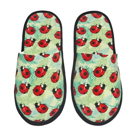 Balery Red Ladybugs And Leaf Slient Indoor Furry Fleece Comfort House Shoes Soft Non-Slip Home Shoes Cotton slippers House Slippers-- Large