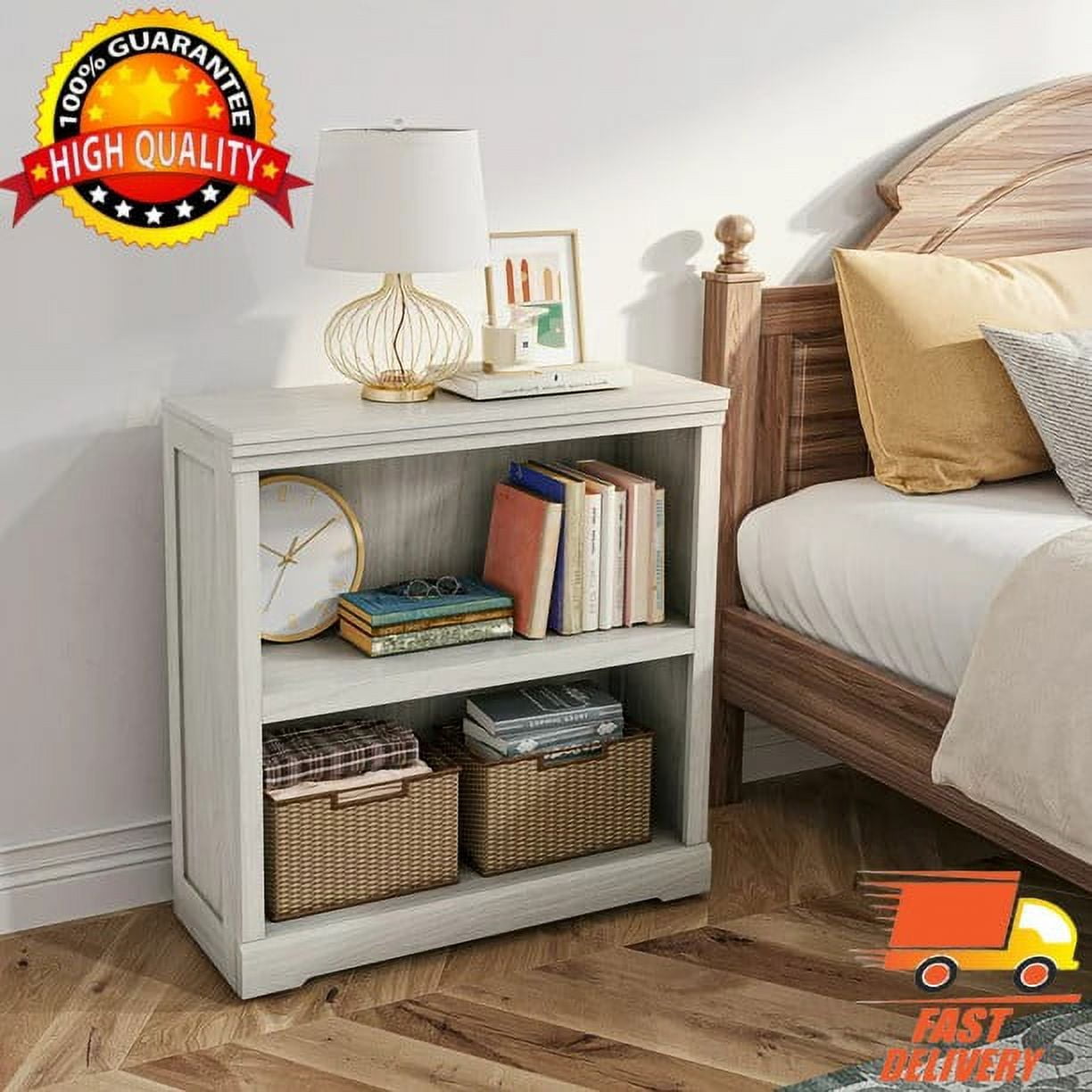LINSY HOME 32in 2 Tier Bookshelf, Small Bookcase Shelf Storage Organizer, Modern Book Shelf for Bedroom, Living Room and Home Office, White Oak