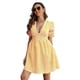 thumbnail image 1 of Plaid vestido profundo V cuello puff manga corta una línea de moda casual vestido para mujer amarillo Plaid XL, 1 of 7