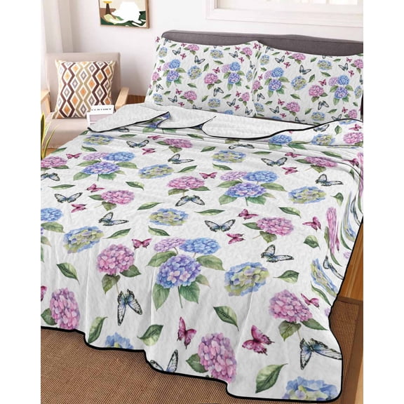 Pink Blue Hydrangea Twin XL Size Down Alternative Comforter,Lightweight Comforter Quilt Bedding Set with Pillow Shams Pastoral Watercolor Botanical Flowers Bed Comforter Duvet Insert 68"x98"