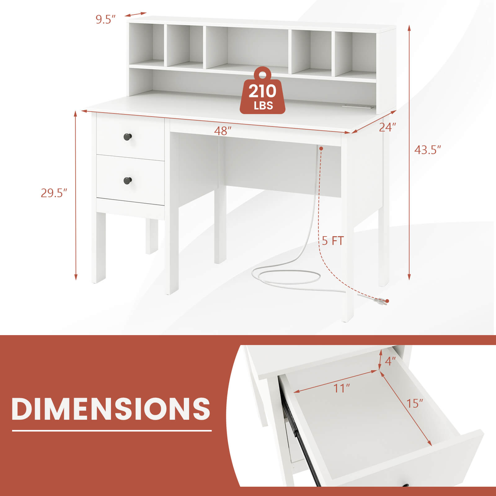 Costway Computer Desk 48" Writing Table w/ Power Outlets 5-Cubby Hutch 2 Storage Drawers White