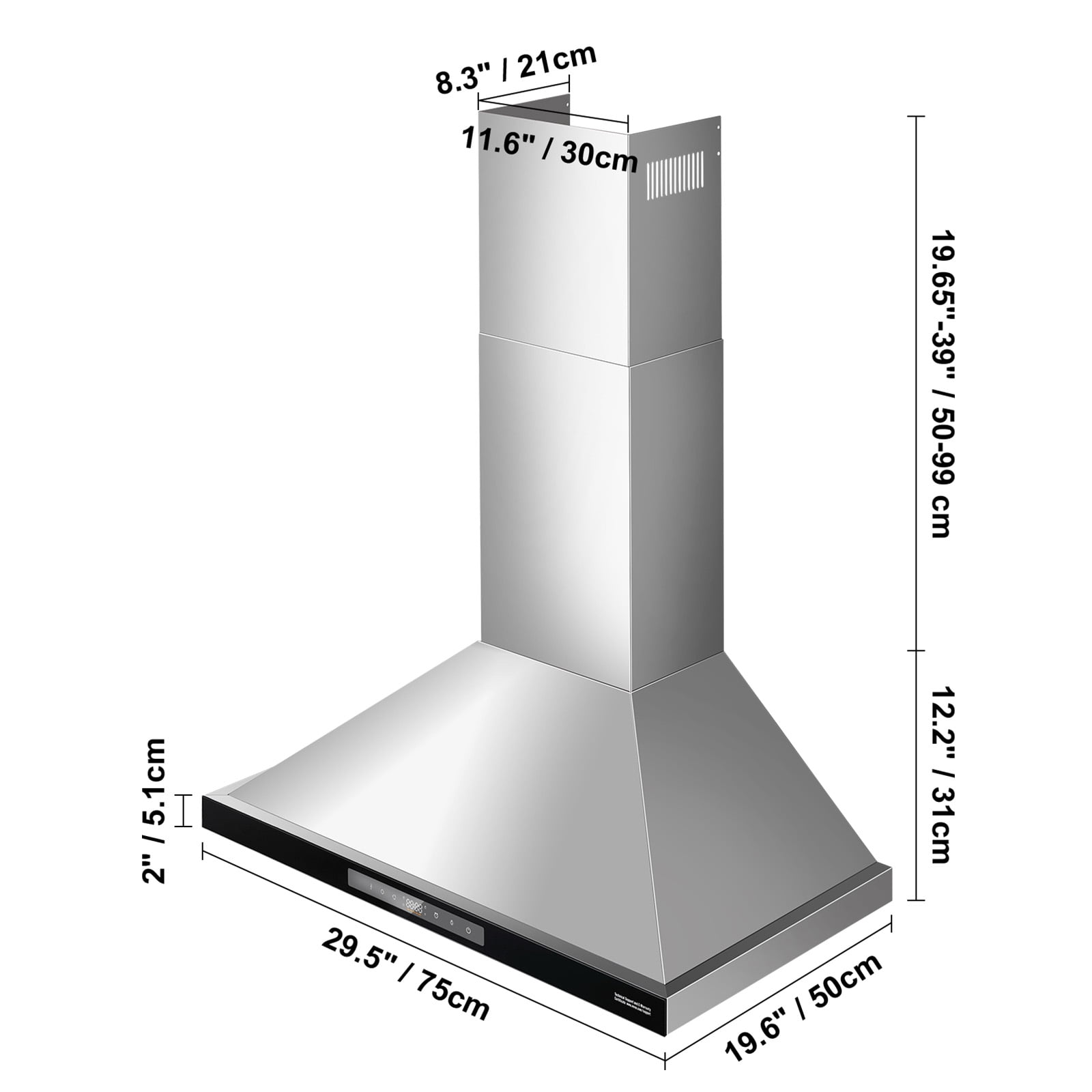 KFFKFF Ceiling Mounted Range Hood, 30-inch Chimney Design, 800 CFM Kitchen Vent in Stainless Steel, Equipped with Gesture and Touch Control, LED Illumination, Baffle Filters