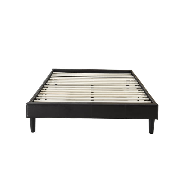 Modern Espresso Brown Bonded Leather Platform Bed with Wooden Slats