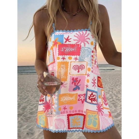 Multicolor Patchwork Sea Life Print Spaghetti Strap Mini Sundress For Women, Casual Summer Vacation Dress