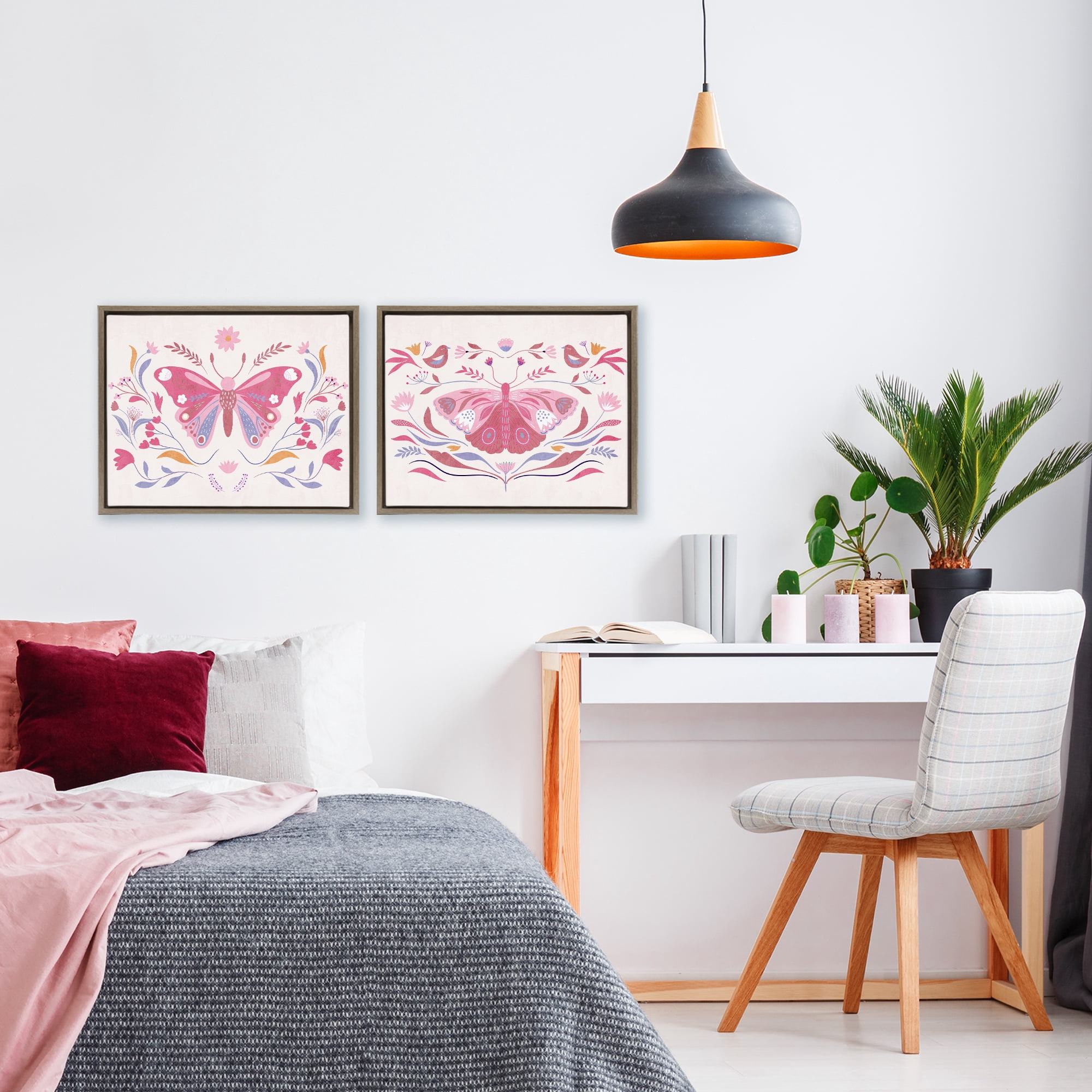 Stupell Industries Boho Folk Butterflies 2 Piece Brown Framed Floater Canvas Set, design by Kim Allen