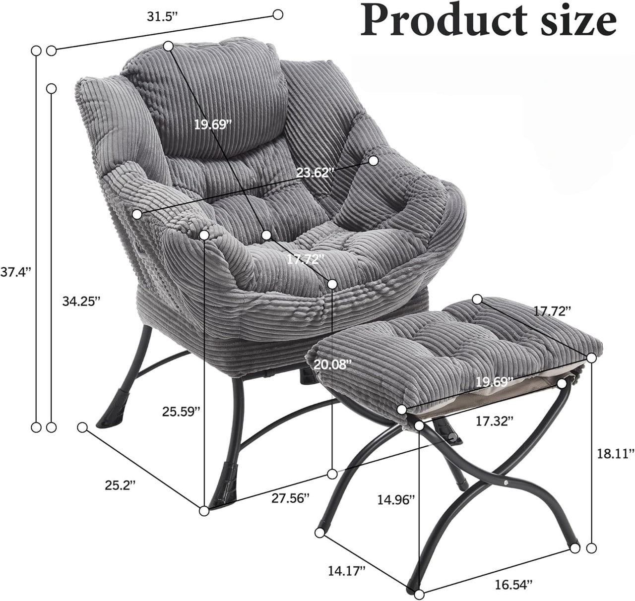 Lazy Chair with Ottoman, Modern Lounge Accent Chair with Armrests and a Side Pocket, Leisure Upholstered Sofa Chair Reading Chair with Footrest
