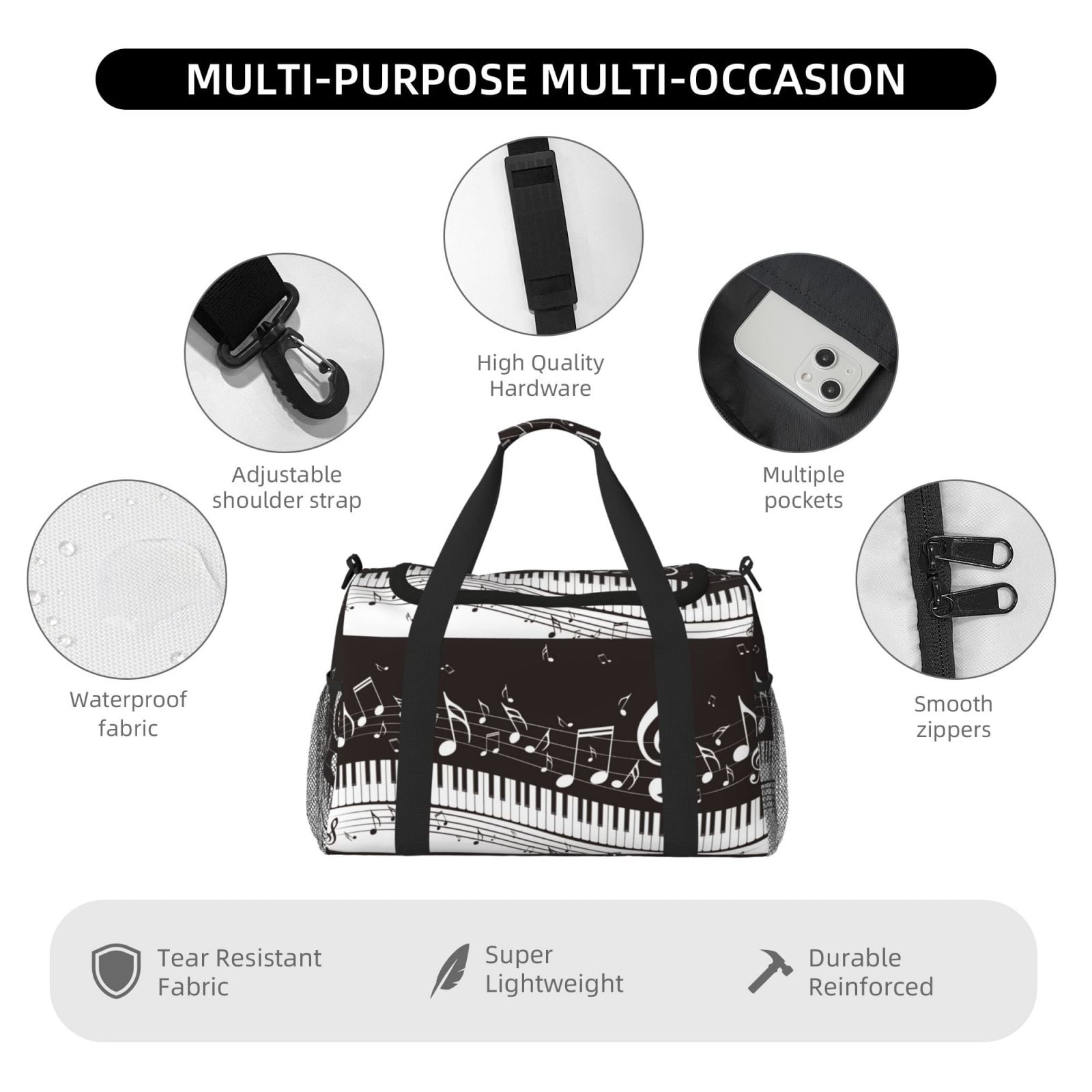 Defioc Piano Keys With Musical Notes Print Hand Travel Bag - Foldable Travel Duffel Bags for Men Women -Sport Gym Bag - Overnight Travel Duffel Bag - Adjustable Shoulder Strap