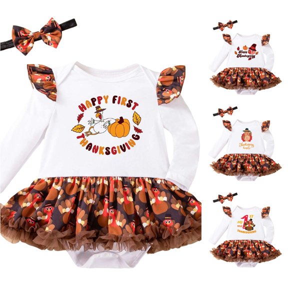 AWZXDE Thanksgiving Baby Girls Bodysuit Outfit Long Sleeve Turkey Print Romper With Hair Accessories Cute Toddler Holiday Brick Red - 1-3 Months