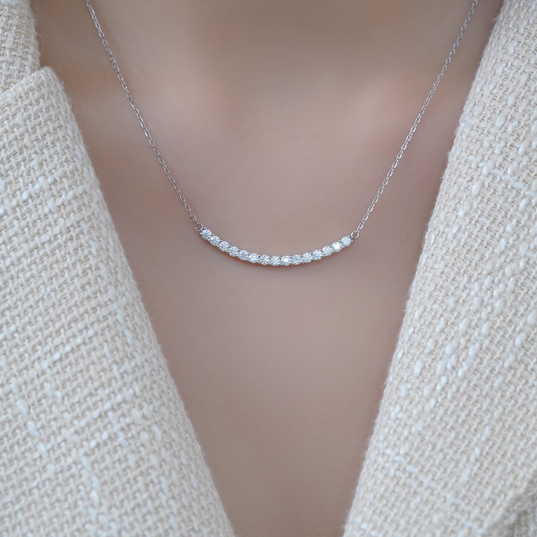 JeenMata Curved Bar Round-Shaped Moissanite Pendant Necklace in 18K White Gold over Silver