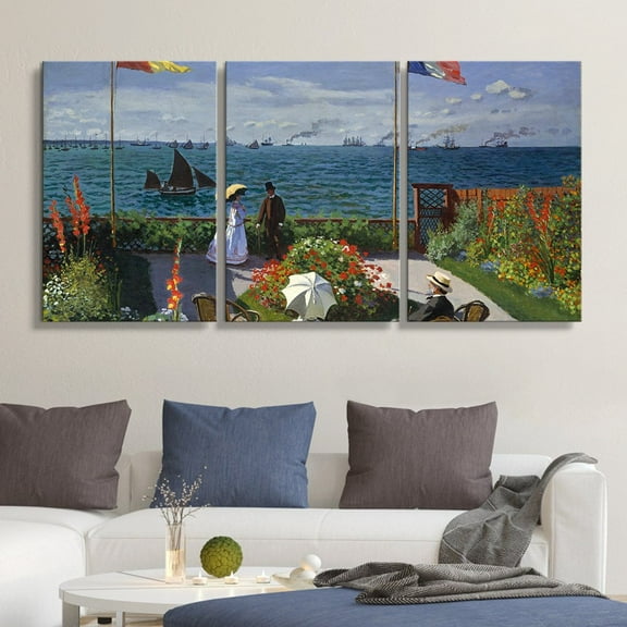 wall26 3 Panel Canvas Wall Art - Garden at Sainte-Adresse, 1867 by Claude Monet - Giclee Print Gallery Wrap Modern Home Art Ready to Hang - 16"x24" x 3 Panels
