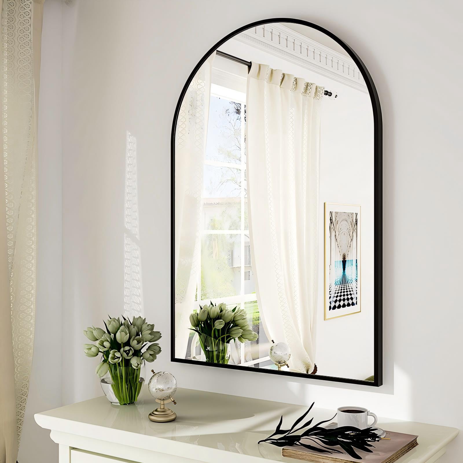 BEAUTYPEAK 26"x38" Arched Bathroom Mirror Wall-mounted Mirror,Black