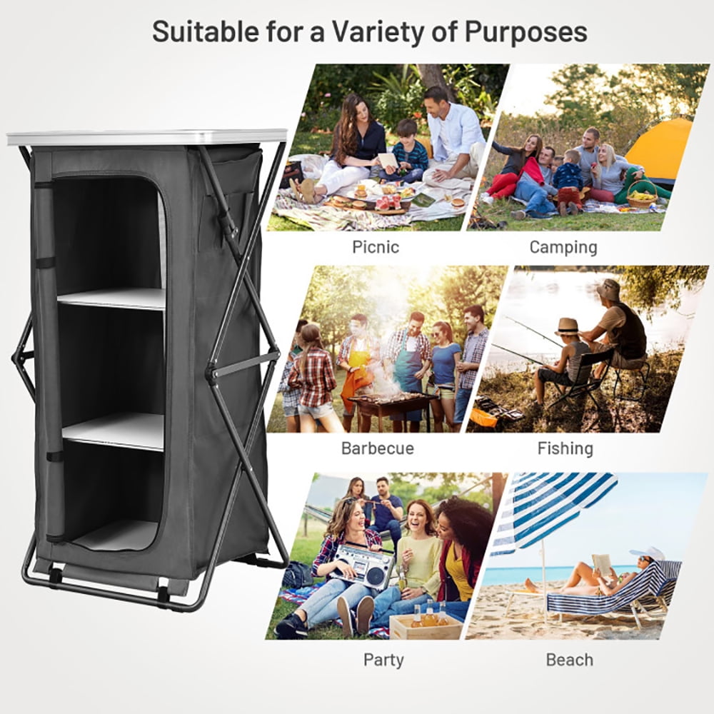 Aimee Lii Folding Camping Storage Cabinet with 3 Shelves and Carry Bag, Easy Set Up Portable Camping Kitchen, Gray-L