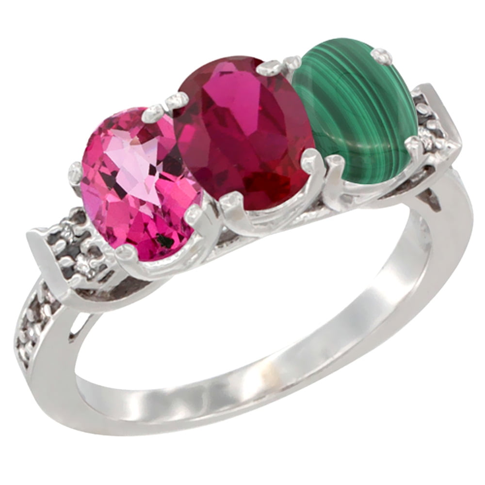10K White Gold Natural Pink Topaz, Enhanced Ruby & Natural Malachite Ring 3-Stone Oval 7x5 mm Diamond Accent, sizes 5 10 by WorldJewels