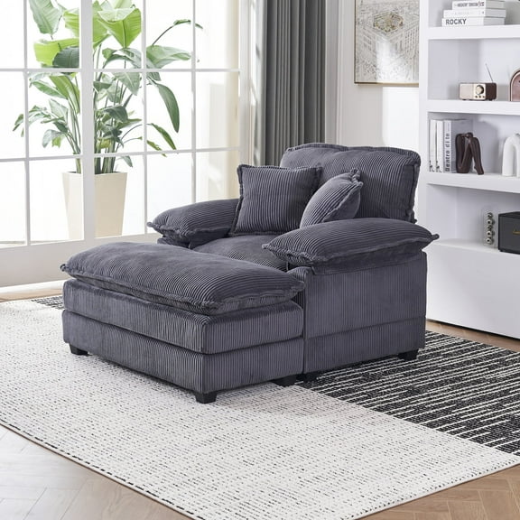 LITVZ Oversized Chaise Lounge Indoor, Upholstered Pad and Deep Seat, Modern Single Wide Sleeper Chair with Ottoman for Living Room (Grey)