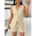 thumbnail image 2 of Women'S Summer 2 Piece Outfits Sleeveless Matching Sets Button Down V Neck Vest Waistcoat and Pockets Shorts  S, 2 of 8