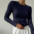 thumbnail image 3 of Women'S Long Sleeve Shirts Slim Fit Crew Neck Fall Clothes Exposed Seams Ribbed Basic Tops Navy Blue M, 3 of 5