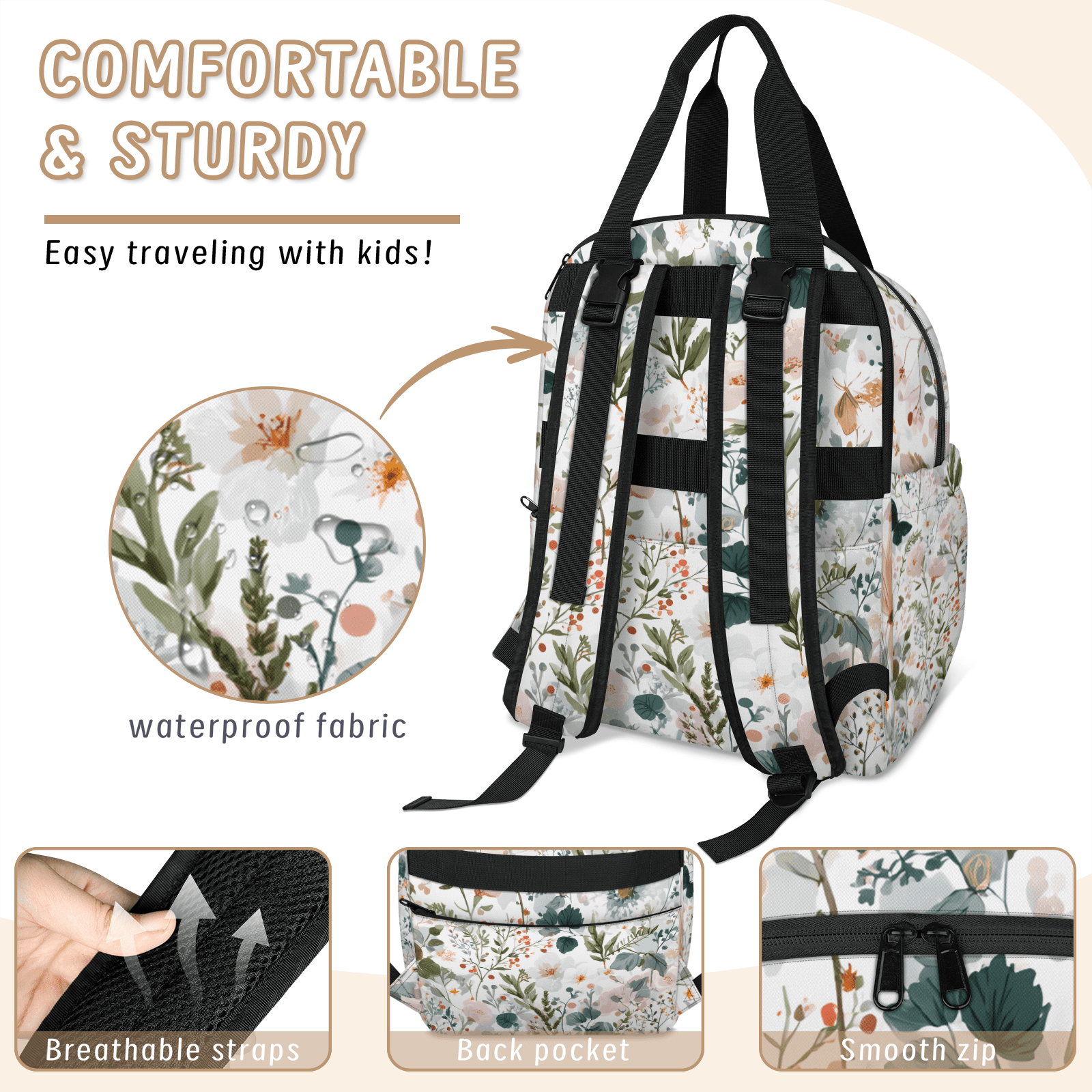 Floral Print Diaper Bag Backpack, Multifunction Baby Travel Backpacks with USB Port, Insulated Pocket, Stroller Straps