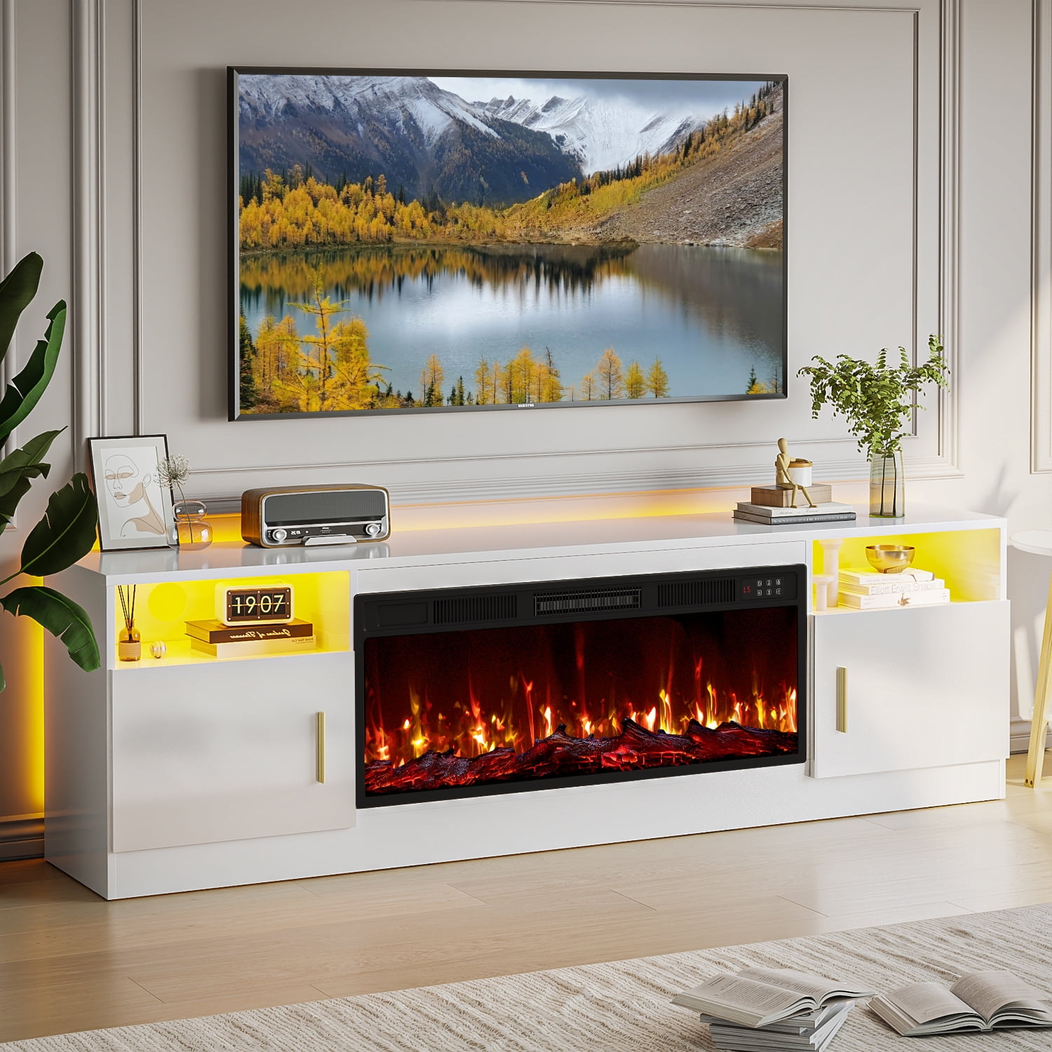 PUKAMI Fireplace tv Stand with 36 inch Fireplace Up to 80" TVs,LED Light Entertainment Center and Storage, 70" Modern Wood Media TV Console with Highlight Cabinet for Living Room