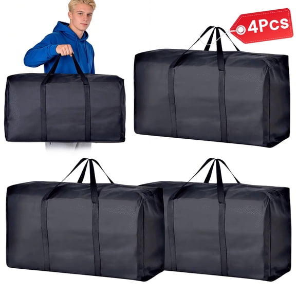 Deally 4 Pack Heavy Duty Moving Bags - Moving Totes, Large Storage Bag with Handle and Zippers, Moving Supplies for Clothes, College Dorm, Travel, Home Organization, Black