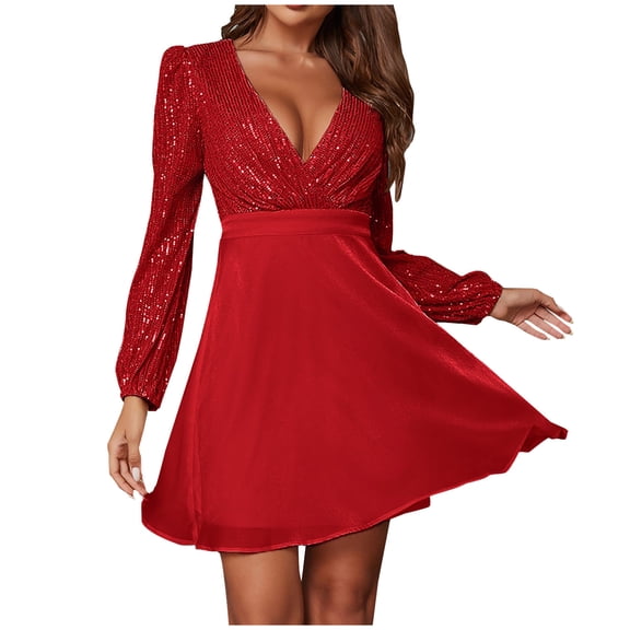 Black and Friday Deals 2023 Lindreshi Fall Dresses for Women 2023 Homecoming Dresses Women's Sexy Sweet Sequin Mesh Patchwork Deep V Long Sleeve V-Neck Knee-Length Dress