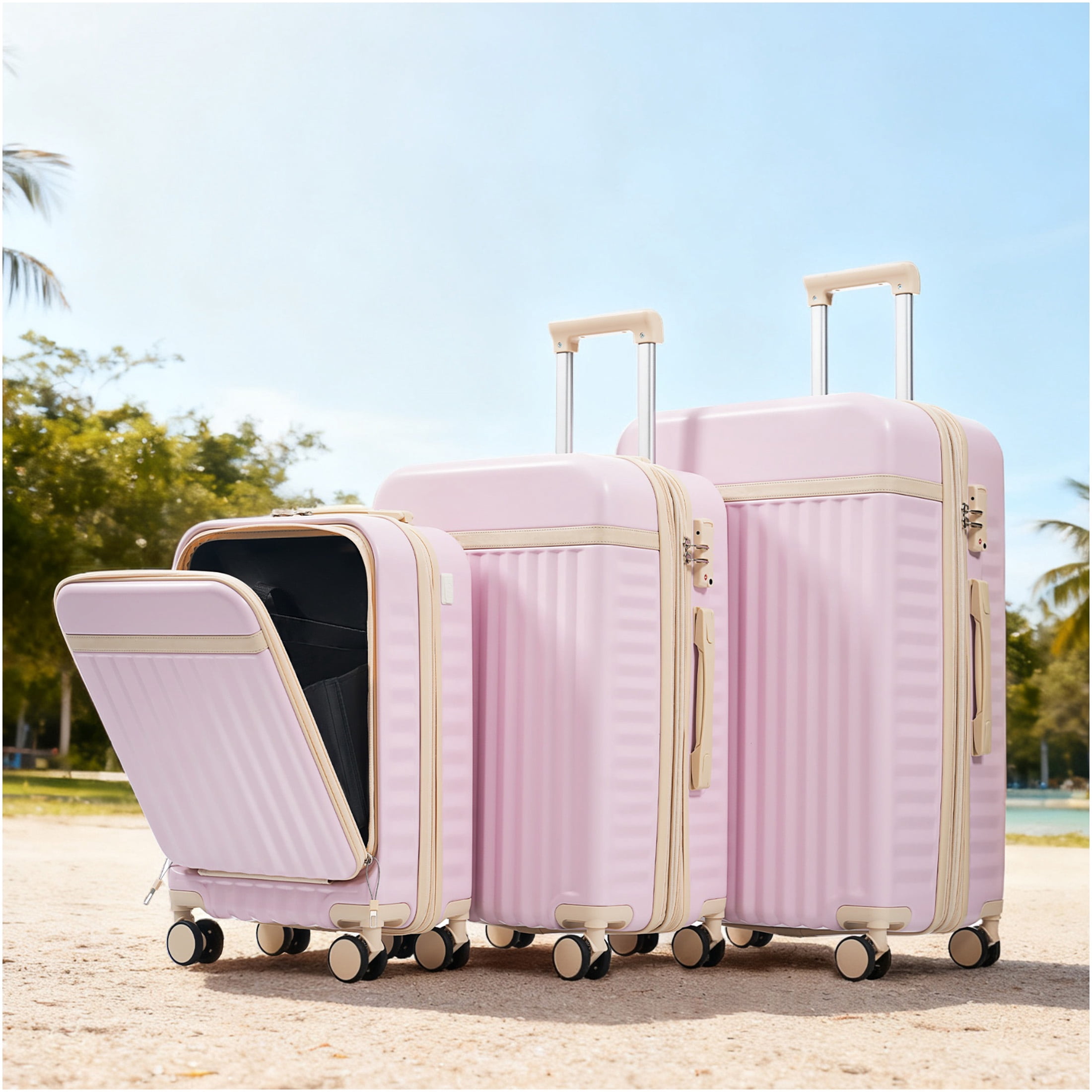 JERFIT 3-Piece Hard Shell Luggage Set with USB Port, TSA Lock & Spinner Wheels, Airline Approved Carry On Suitcase Set in Light Pink