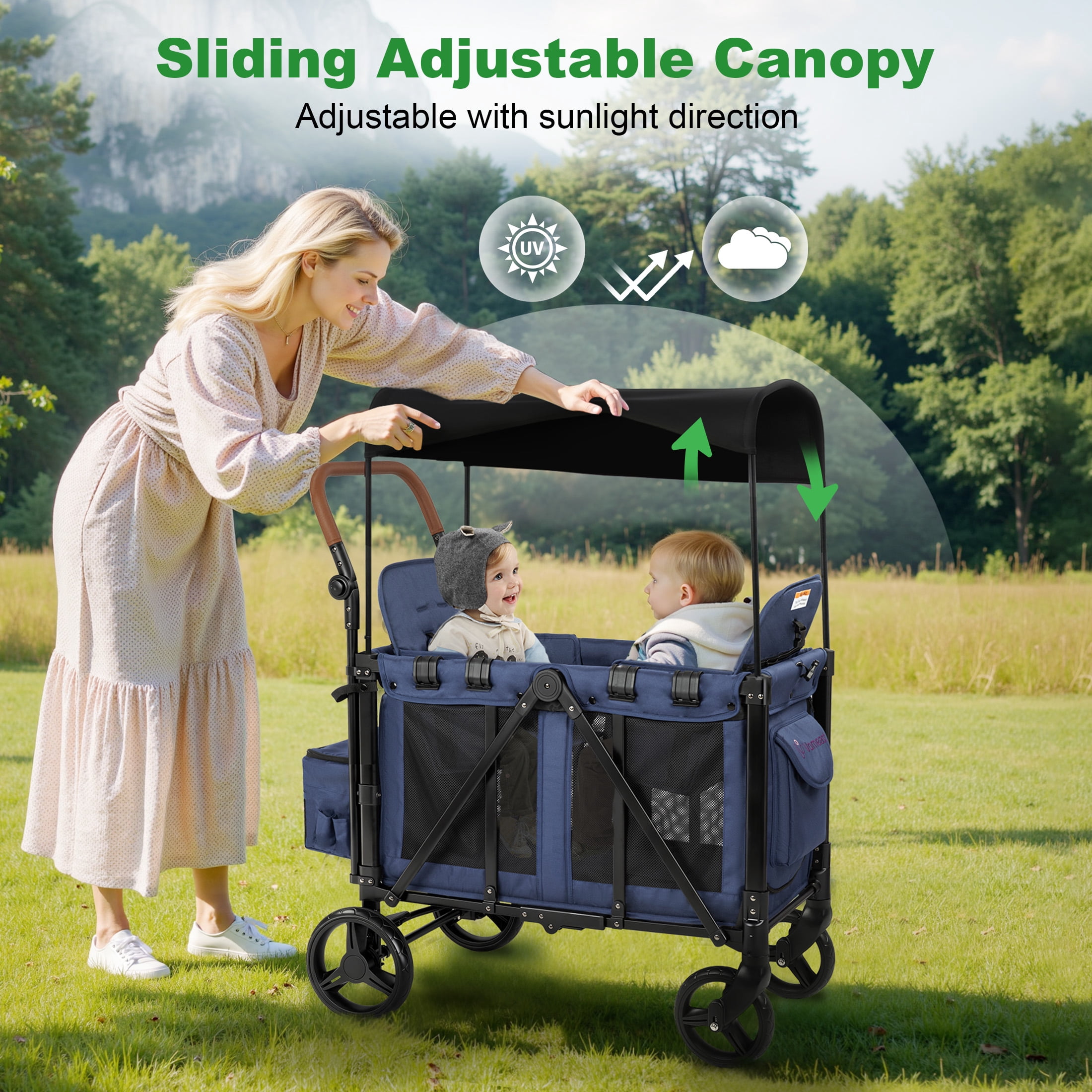 Vomeast Wagon Stroller for 2 Kids, 3-in-1 Outdoor Baby Stroller Wagon with Canopy, 5-Point Harness, Adjustable Handlebars, Removable Seat for Toddlers, Blue