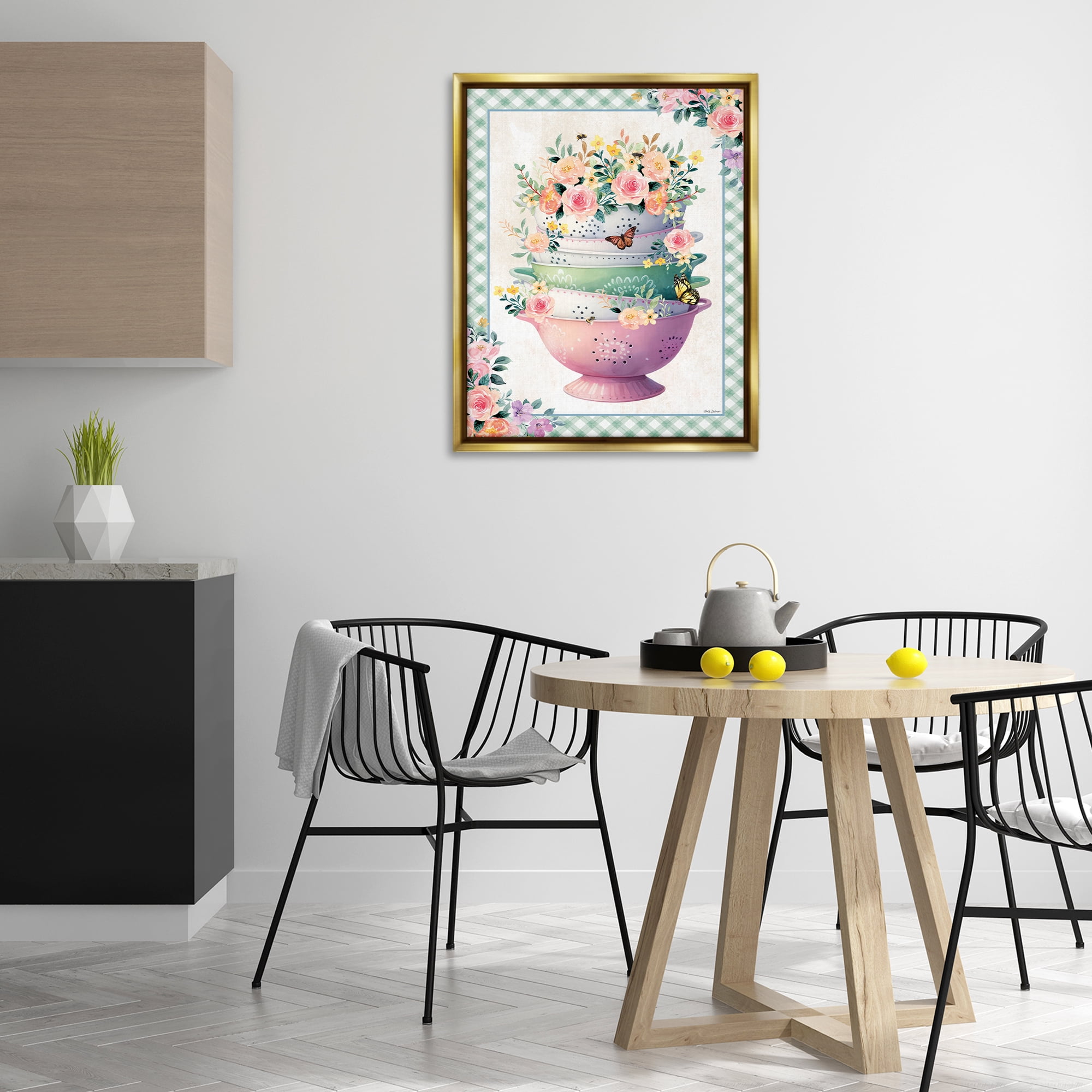 Stupell Industries Stacked Bowls Plaid Border Food & Beverage Painting Gold Floater Framed Canvas Art Print Wall Art, 25 x 31