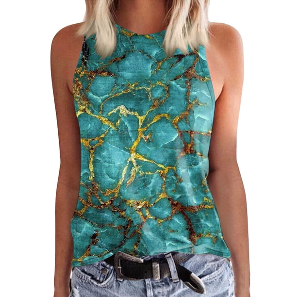 Prolriy Tops de verano para mujer 2024 Camisetas sin mangas para mujer Camisetas de verano Sin mangas Casual Suelto Estampado Túnica Blusas Camiseta sin mangas para mujer Tops de mujer Verde S